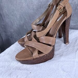 Miu Miu Tan Leather Strappy Cork Platform Heels Size 38 Made in Italy size 7.5